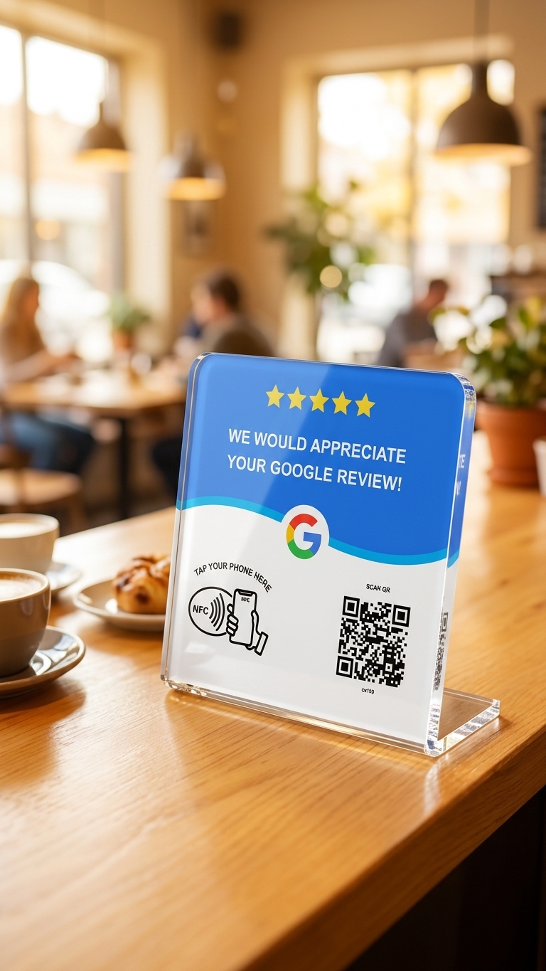 Google Review Stand on a cafe counter